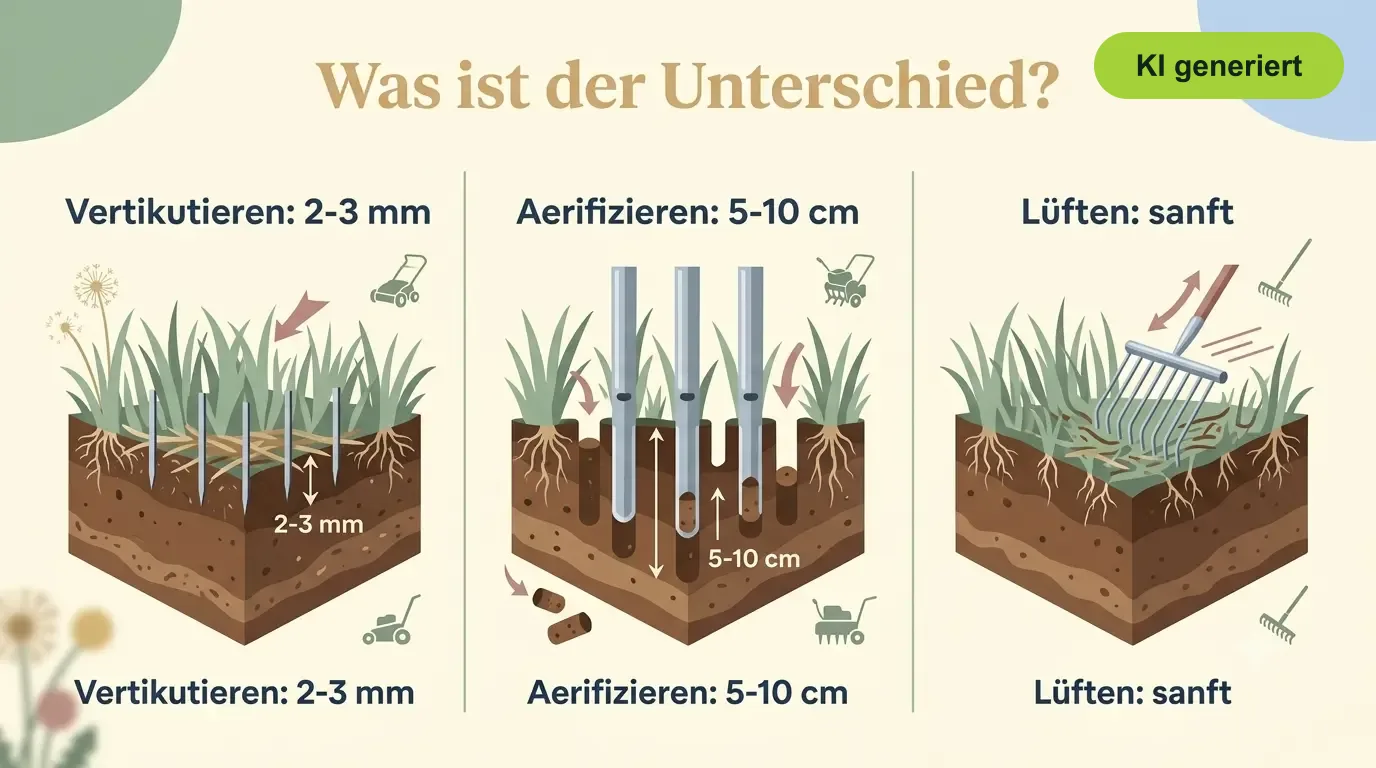 Infografik: Unterschied zwischen Vertikutieren (2-3 mm), Aerifizieren (5-10 cm) und Lüften im Bodenquerschnitt