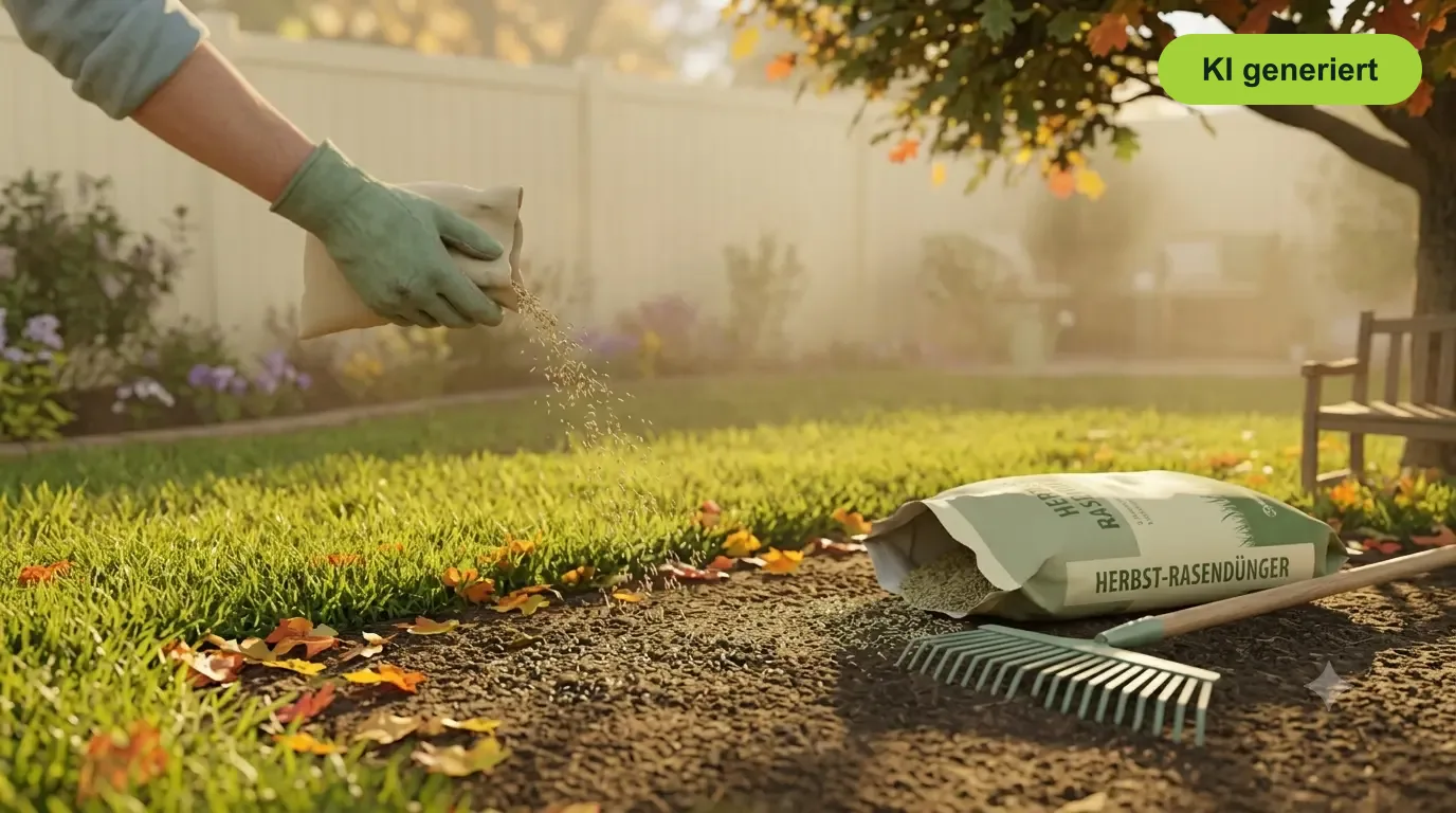 Hand sät Rasensamen im Herbst, daneben Herbstdünger und Rechen - Rasenpflege im September