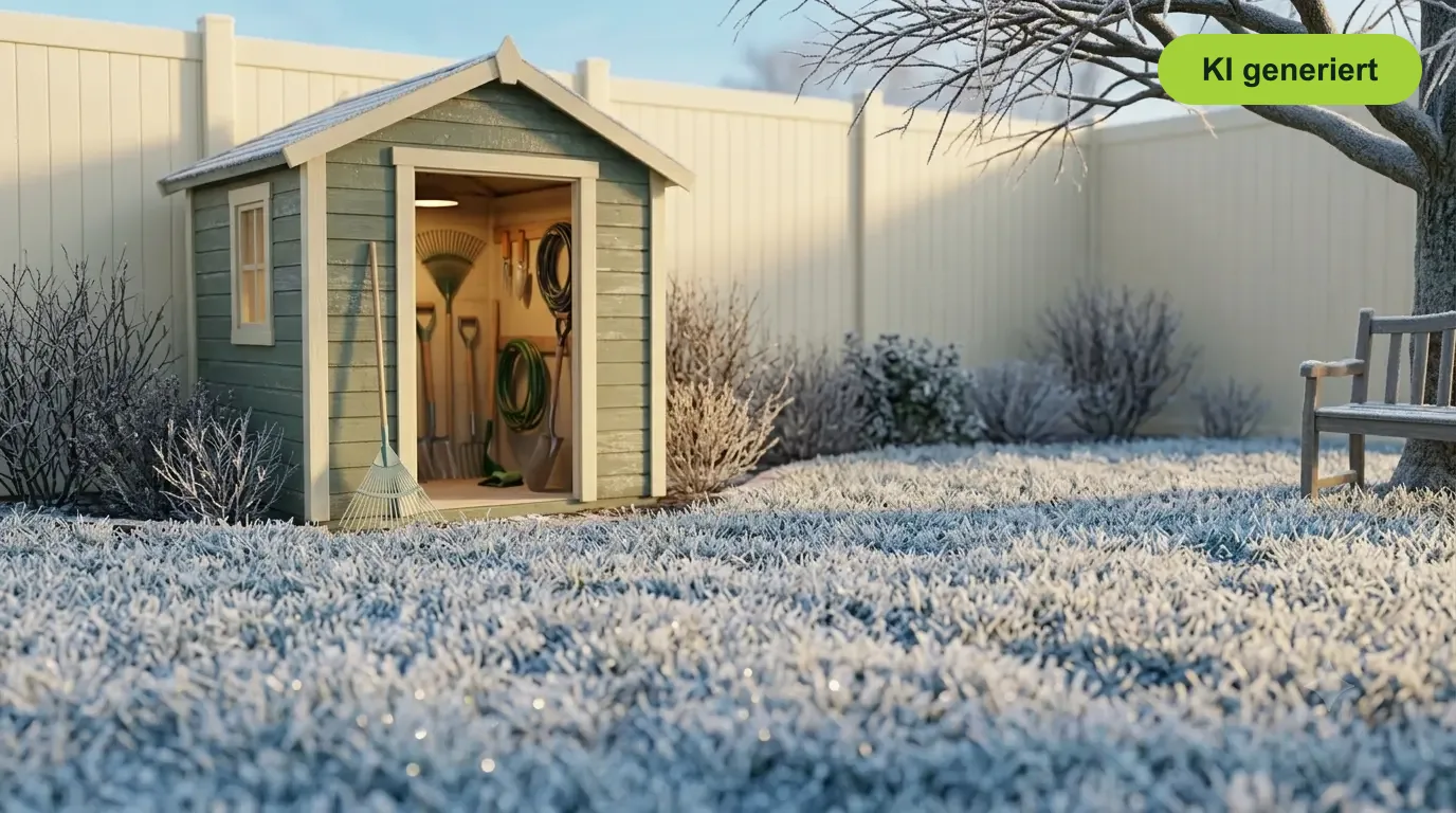 Frostbedeckter Rasen im Wintergarten, im Geräteschuppen eingelagerte Gartengeräte - Rasenpause im Winter