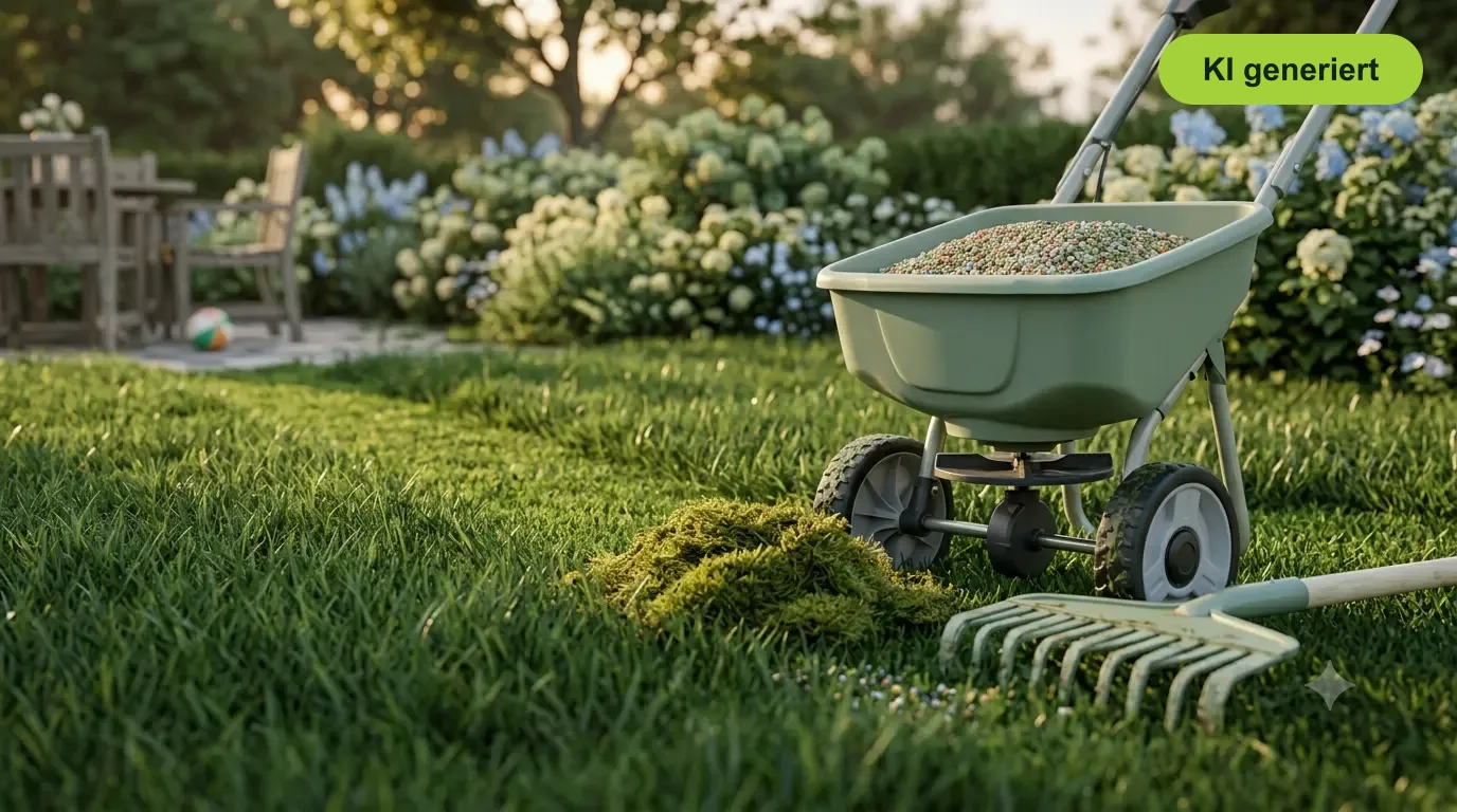 Streuwagen mit Rasendünger und Vertikutierrechen mit entferntem Moos - Rasen düngen und lüften