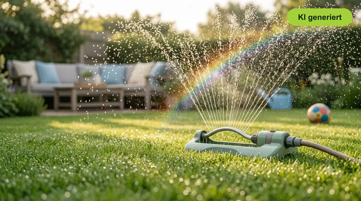 Rasensprenger bewässert grünen Rasen am frühen Morgen - Rasen richtig wässern