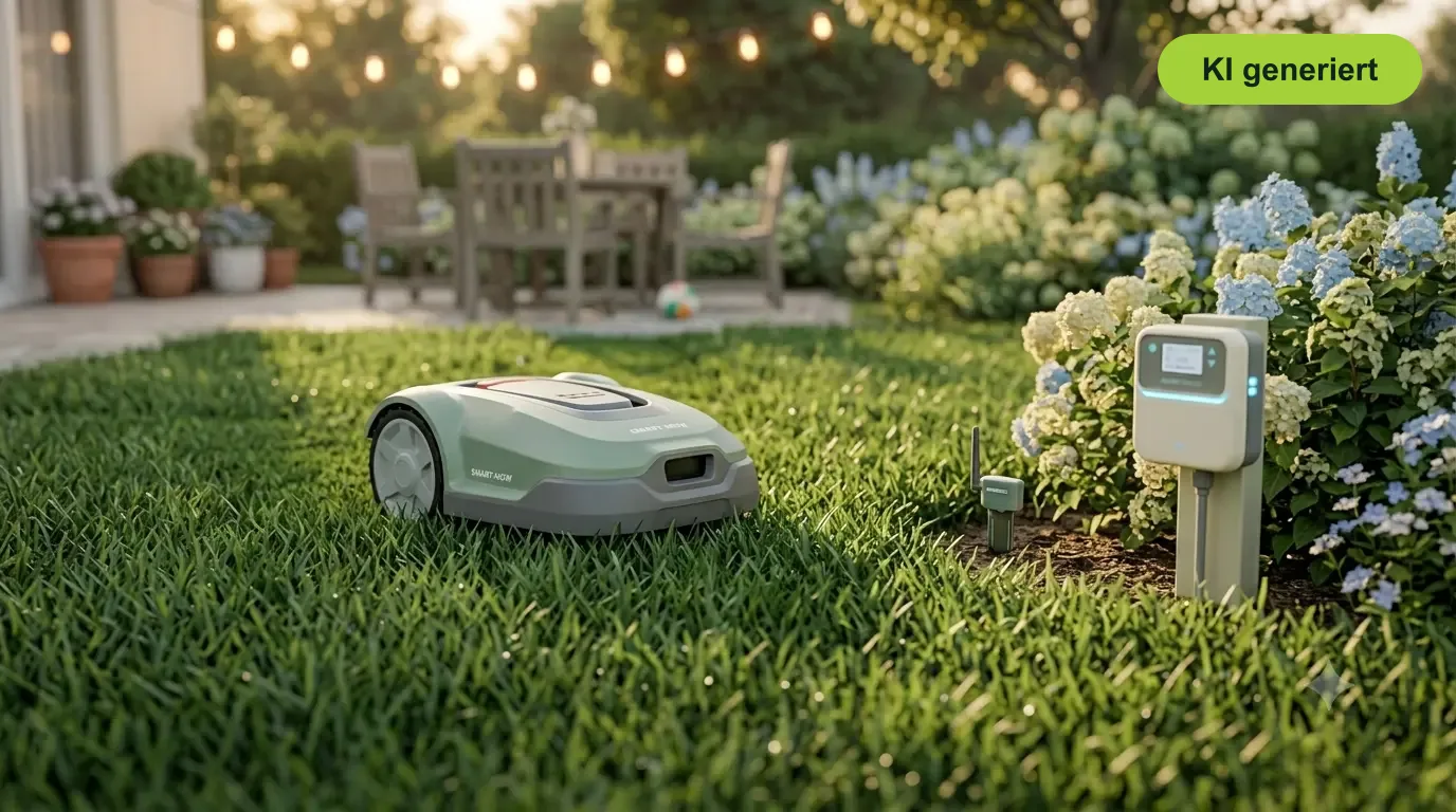 Mähroboter mäht Rasen am Abend, daneben smarter Bewässerungscomputer - Smart-Home-Gadgets für den Garten